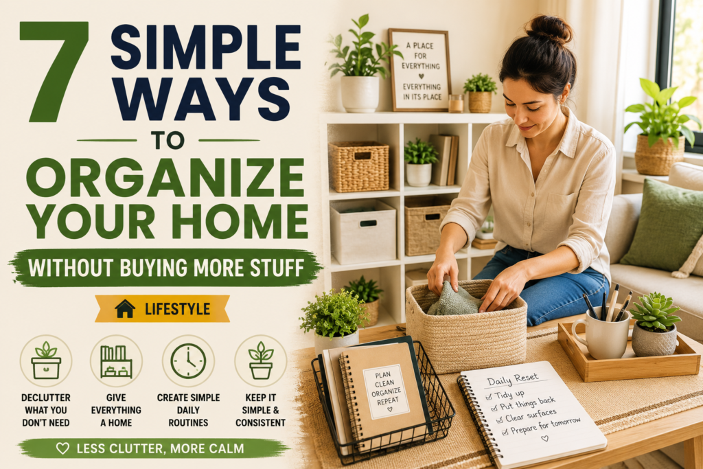 Woman organizing a bright living room with storage baskets, plants, notebooks, and a daily reset checklist for a calmer, less cluttered home