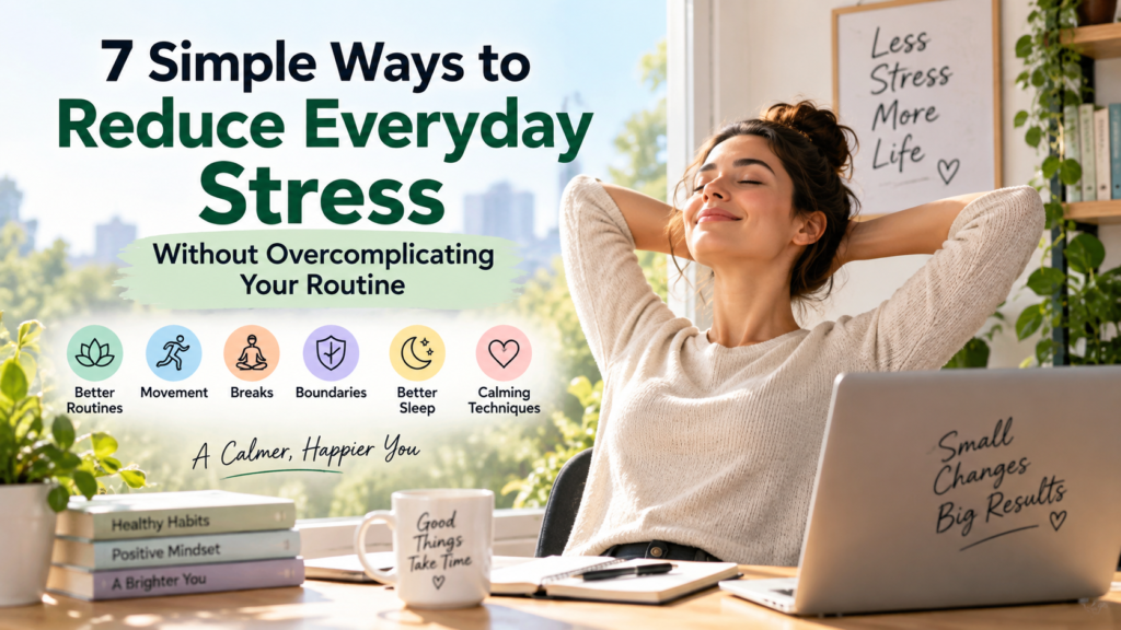 Woman relaxing at a desk while taking a break to reduce everyday stress