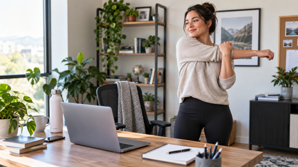 Woman stretching beside a desk during a work break